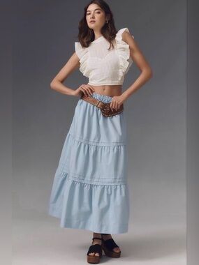 NEW ANTHROPOLOGIE The Somerset Maxi Skirt Light Blue Tiered Cotton M